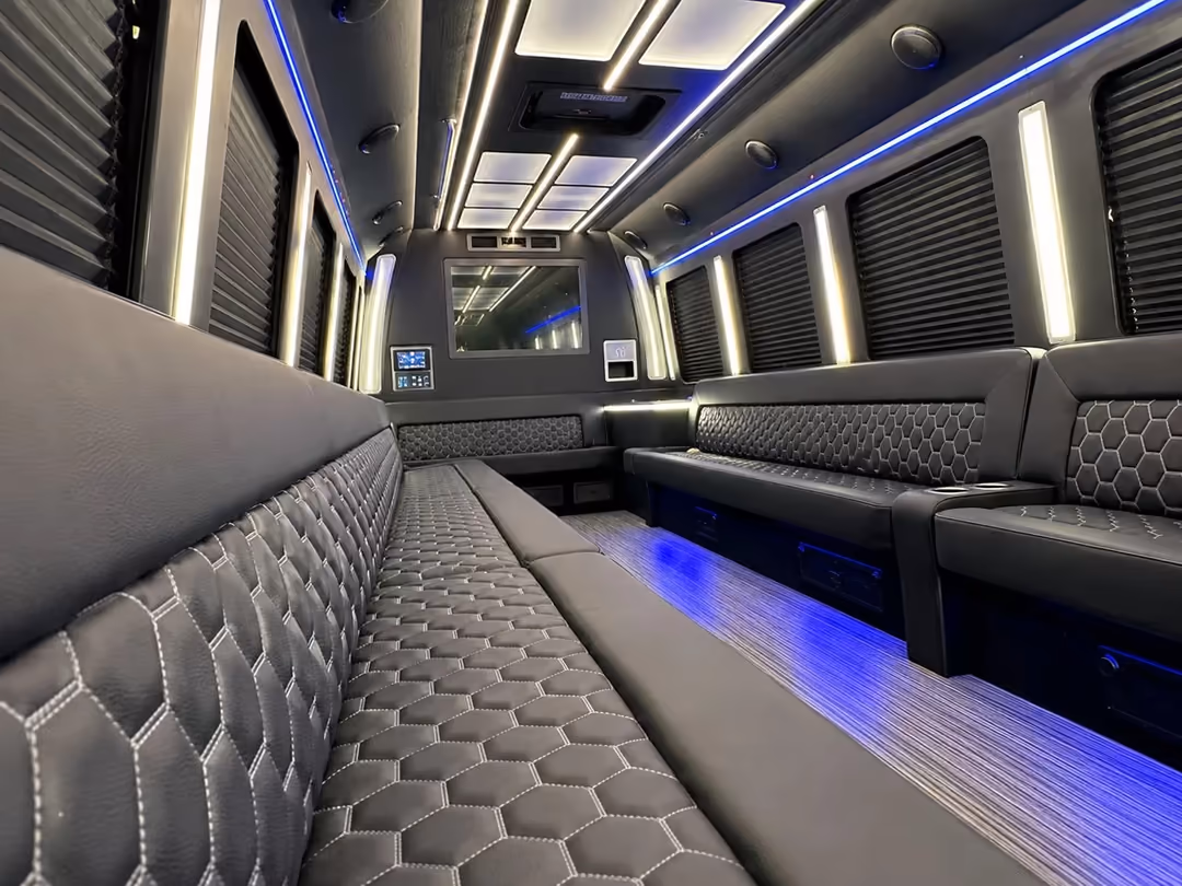 Chicago specialty party bus with restroom interior