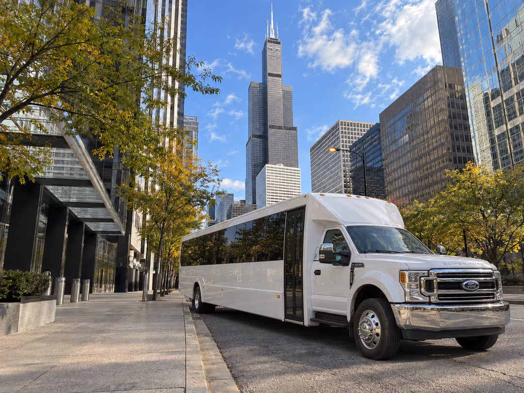 Chicago specialty party bus with restroom rental exterior