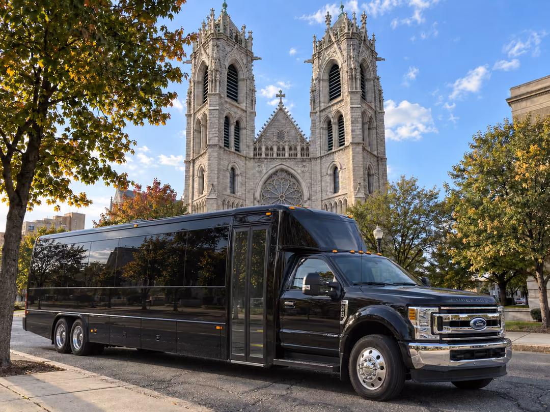 Newark NJ specialty party bus with restroom rental exterior